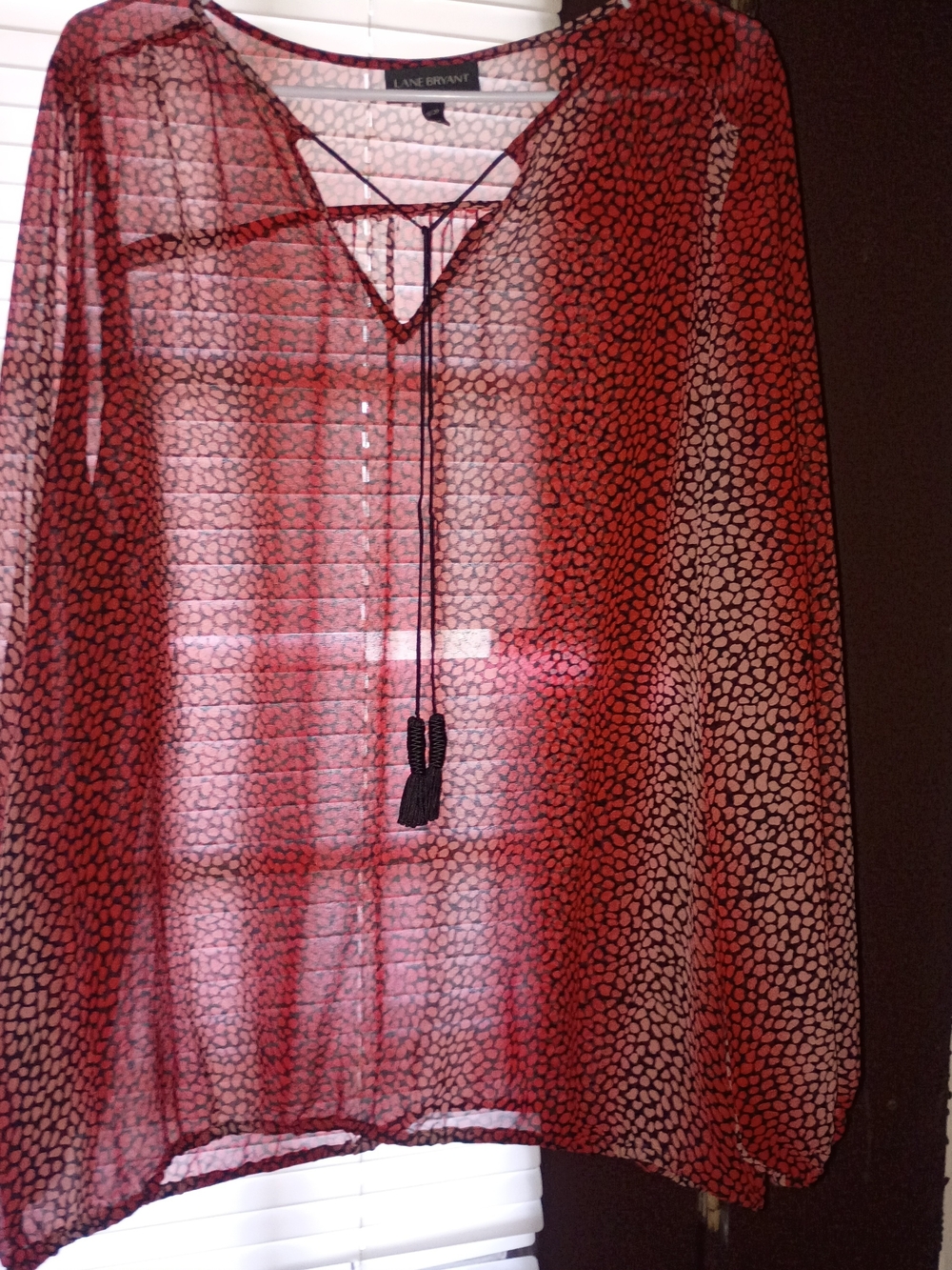 Lane Bryant Red Printed Sheer Tie-Neck Blouse